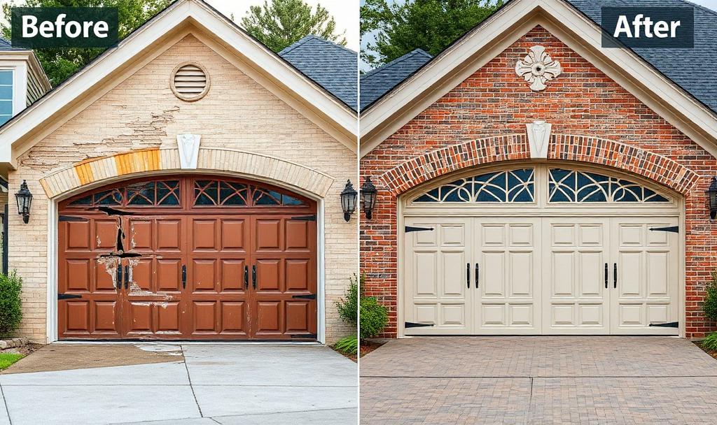 Before and after garage door transformation showing professional installation results